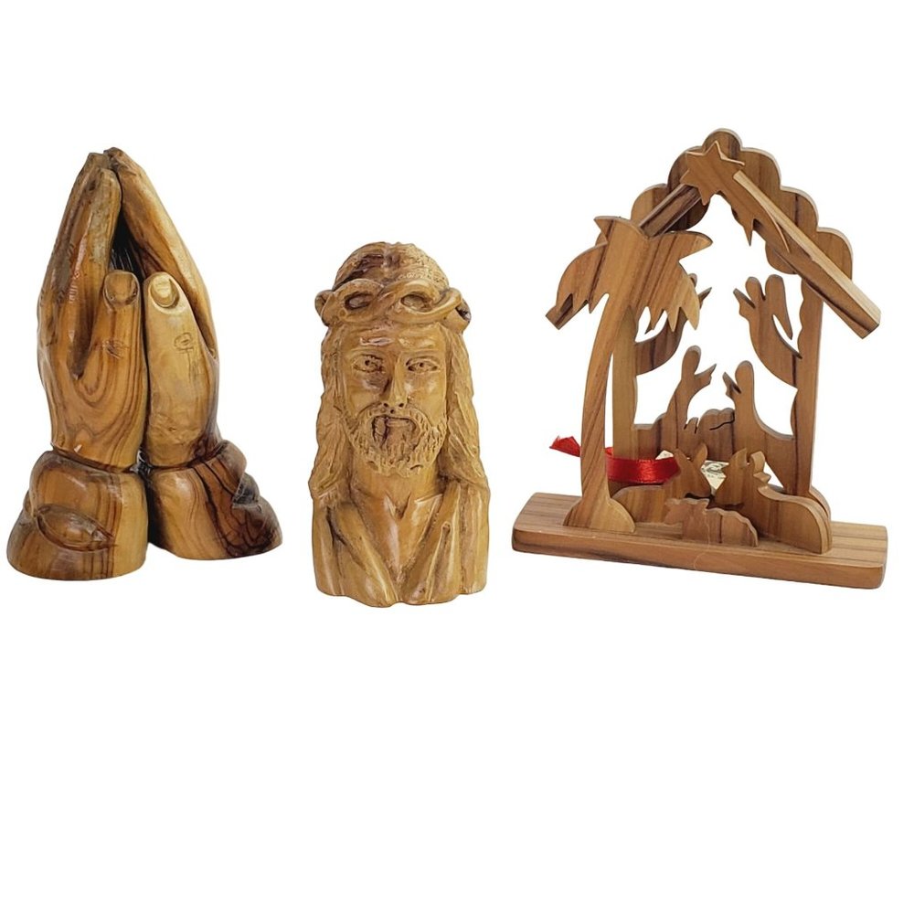 Three Piece Religious Olive Wood Carved Jesus, Praying Hands, Manger, EUC